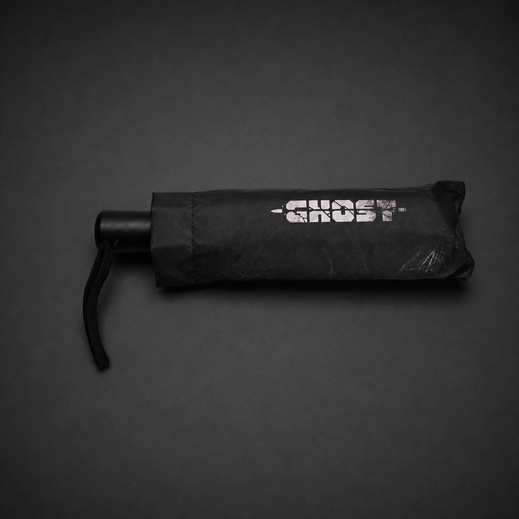 Folded automatic umbrella in its black printed storage sleeve with wrist strap