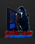 Ghost Face-inspired acrylic display stand with a hooded figure, knife, blue door, and illustrated base