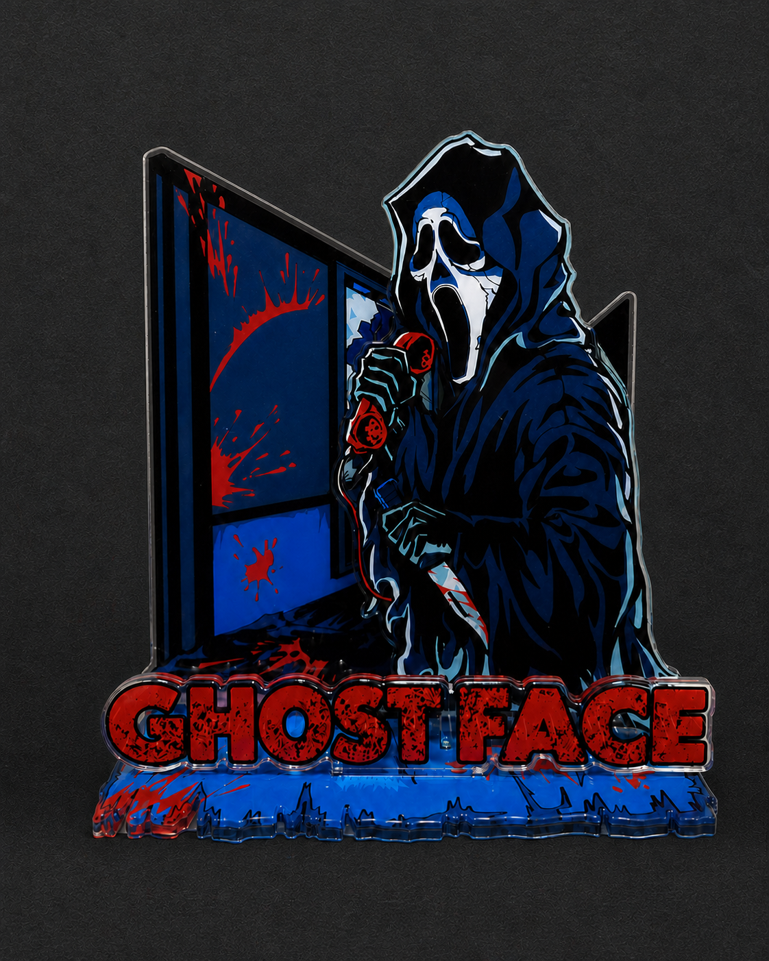 Ghost Face-inspired acrylic display stand with a hooded figure, knife, blue door, and illustrated base