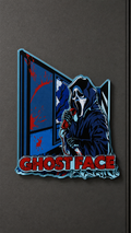 Ghost Face-inspired metal fridge magnet with a blue hooded figure and red lettering