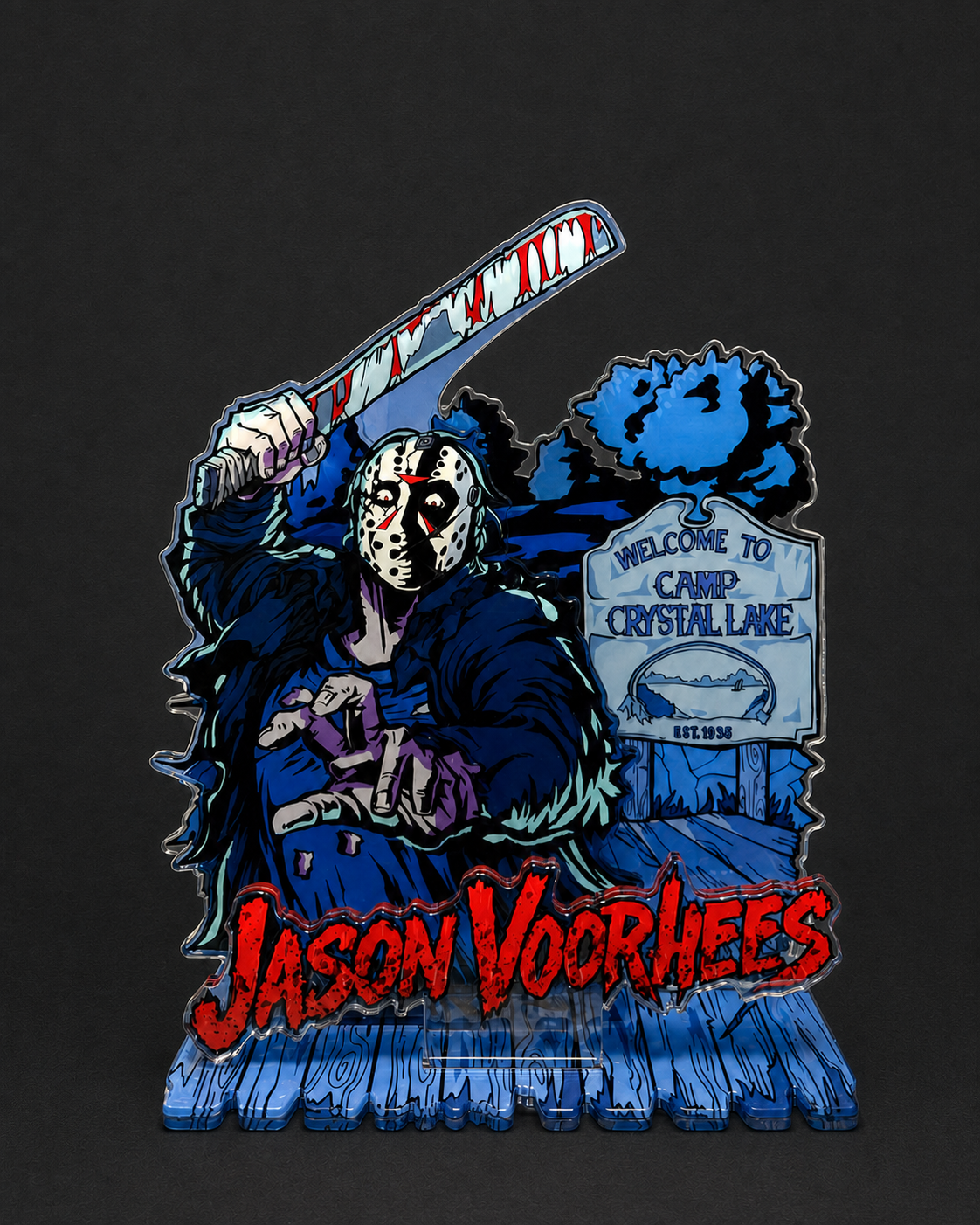 Jason Voorhees-inspired acrylic display stand with a masked figure, raised machete, and illustrated base