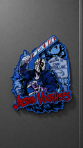 Jason Voorhees-inspired metal fridge magnet with a masked figure, machete, and red lettering