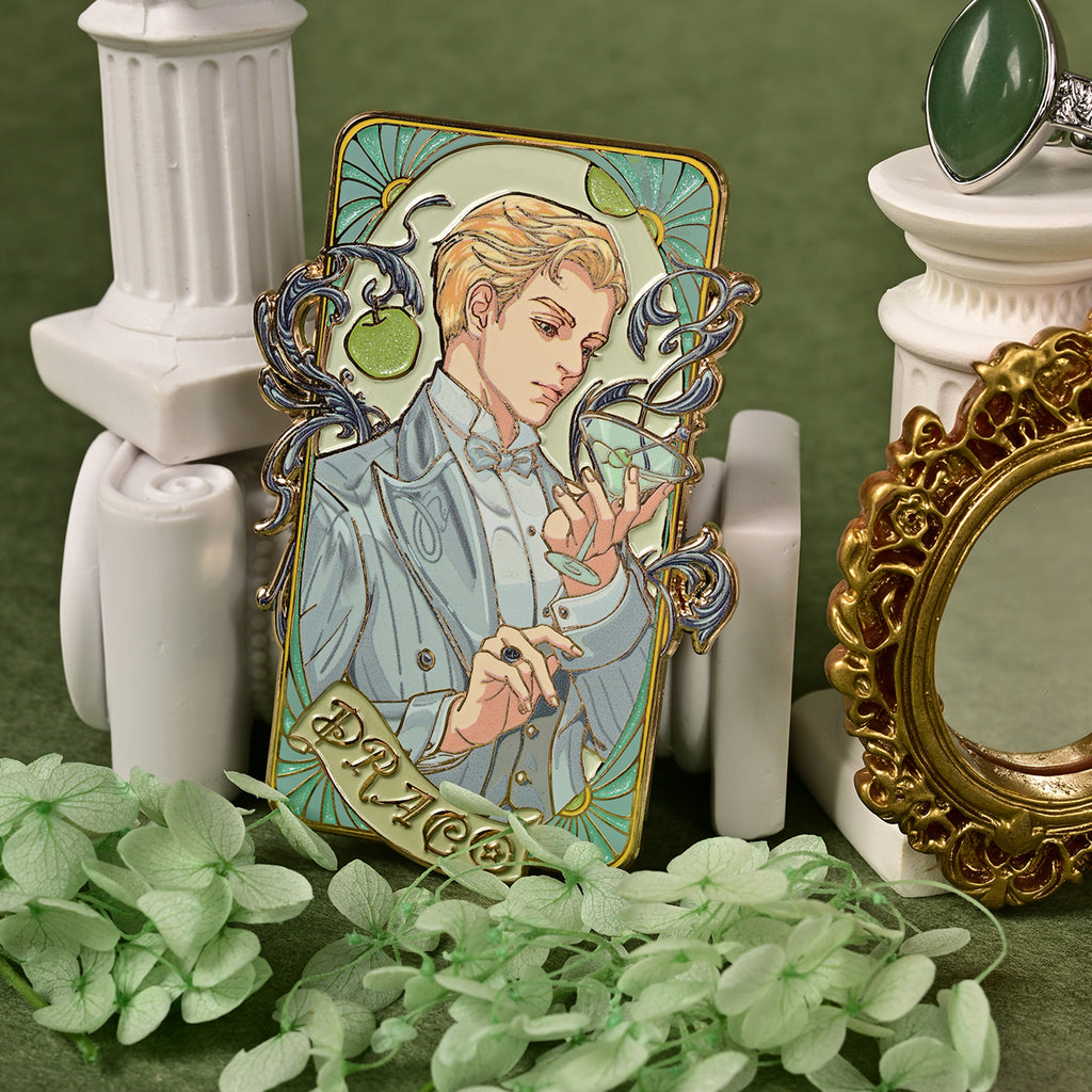 Jazz Age 1920 Darco enamel pin displayed upright with pale green, white, and gold vintage-inspired props