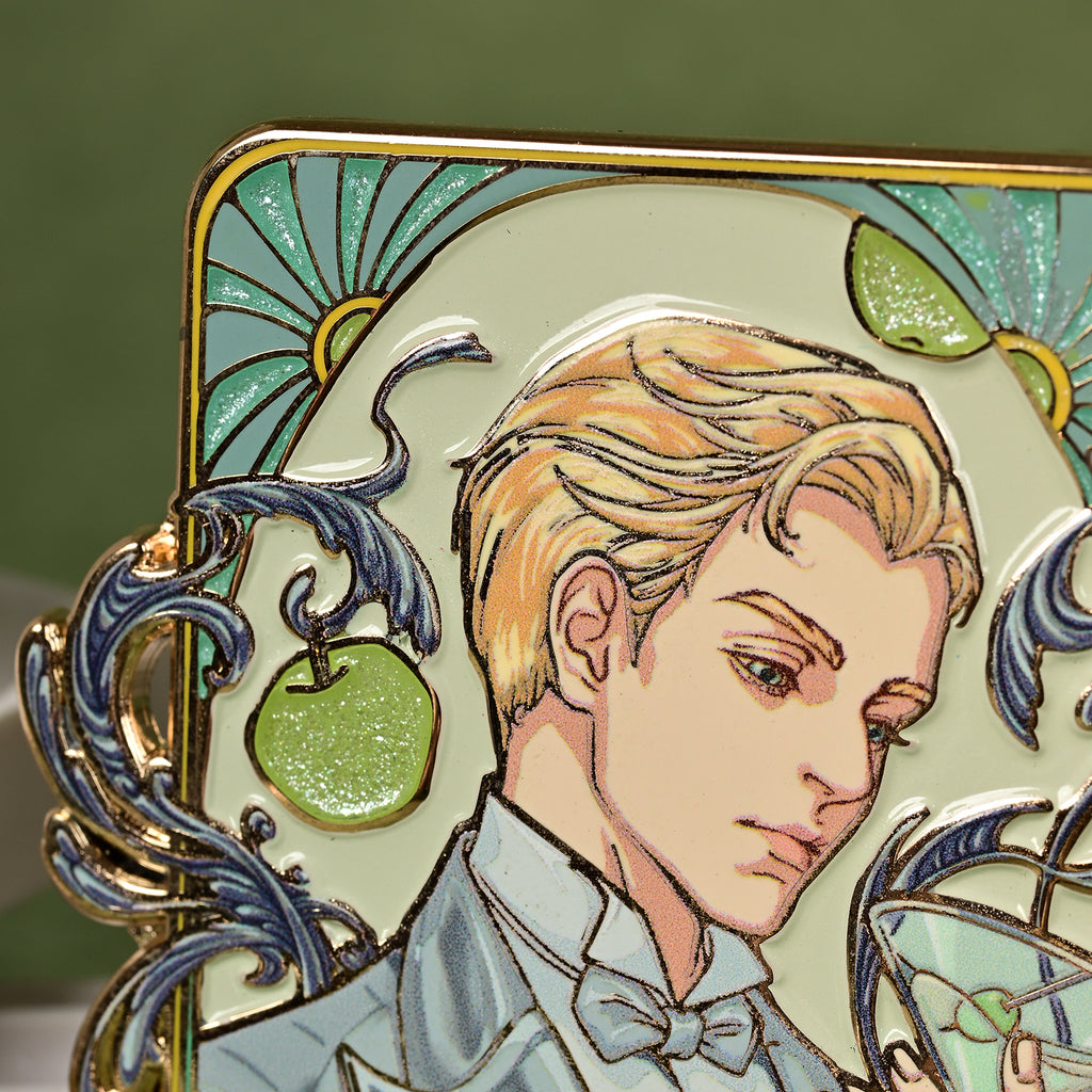 Close-up of the portrait and pale green Art Deco details on the Jazz Age 1920 Darco enamel pin
