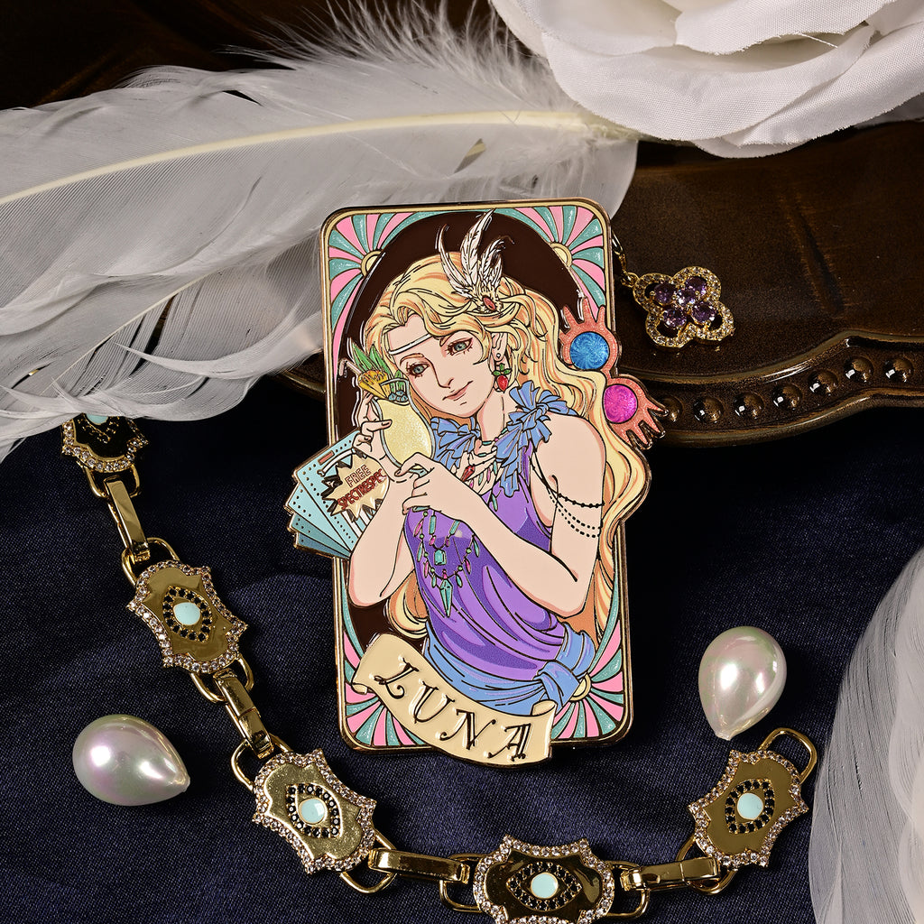Jazz Age 1920 Luna enamel pin featuring an Art Deco portrait in soft blue, cream, and gold tones