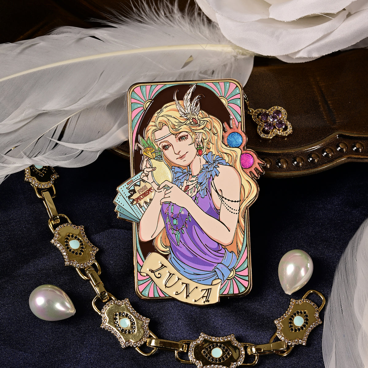 Jazz Age 1920 Luna enamel pin featuring an Art Deco portrait in soft blue, cream, and gold tones
