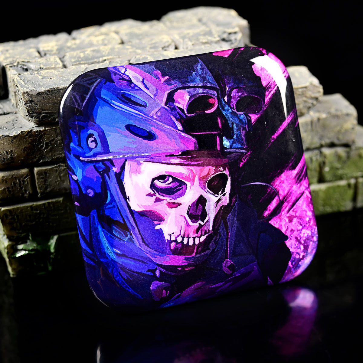 Manchester Rainy Night holographic button badge with purple and blue skull-masked artwork