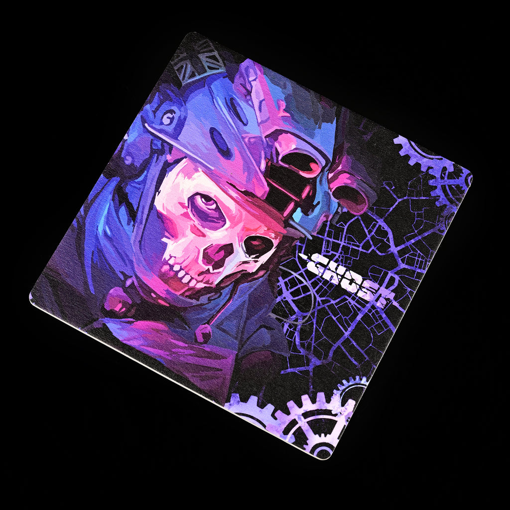 Manchester Rainy Night square paper coaster with purple and blue skull-masked artwork