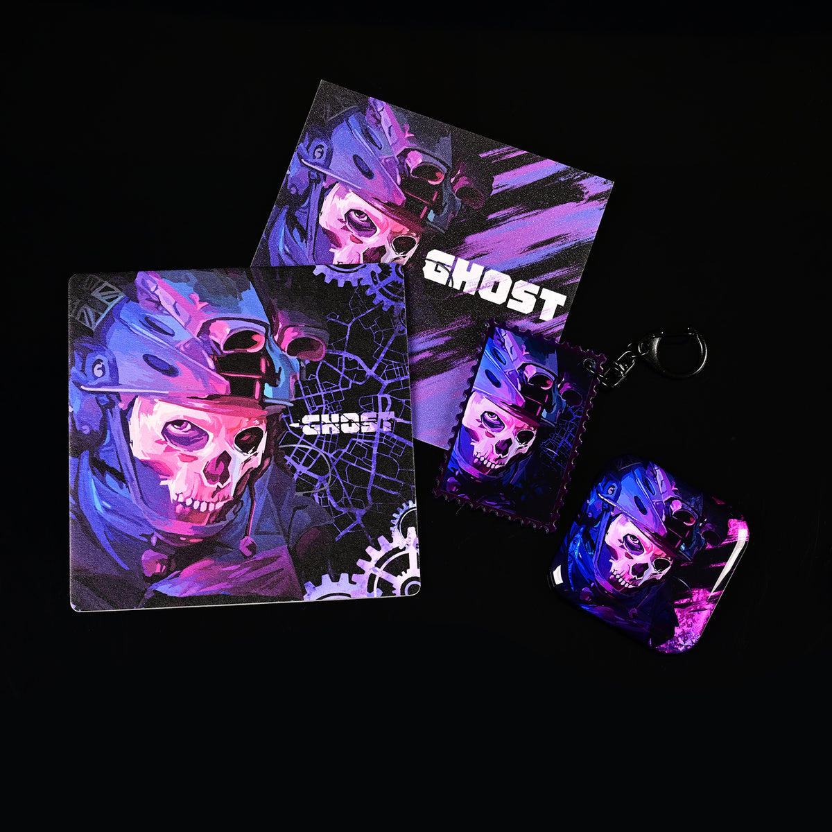 Manchester Rainy Night paper coasters, acrylic keychain and holographic button badge displayed together