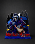Michael Myers-inspired acrylic display stand with a masked figure, knife, dark doorway, and illustrated base
