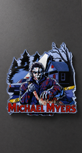Michael Myers-inspired metal fridge magnet with a masked figure, knife, and red lettering