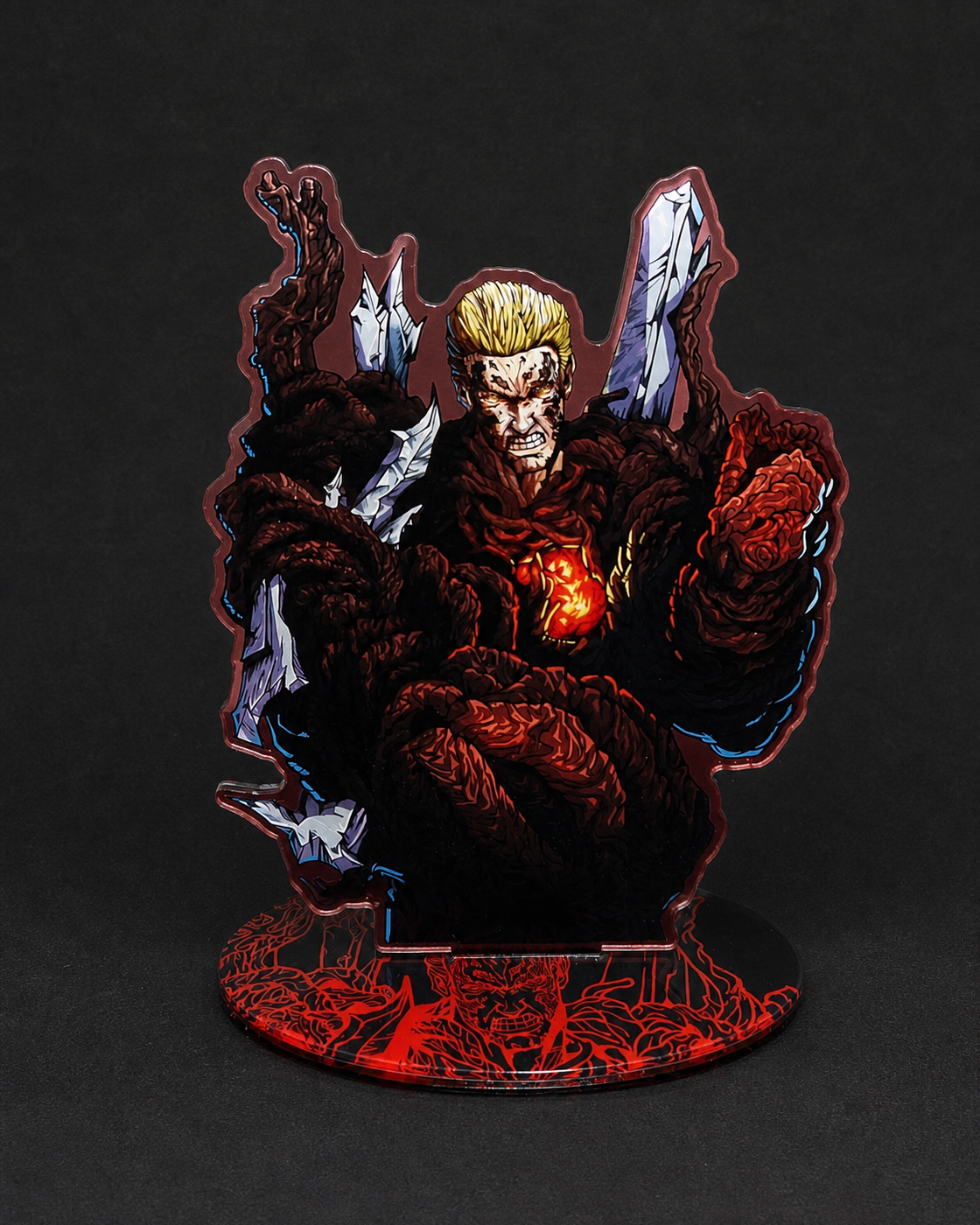 Albert Wesker-inspired single-piece acrylic display stand with a mutated figure and illustrated base